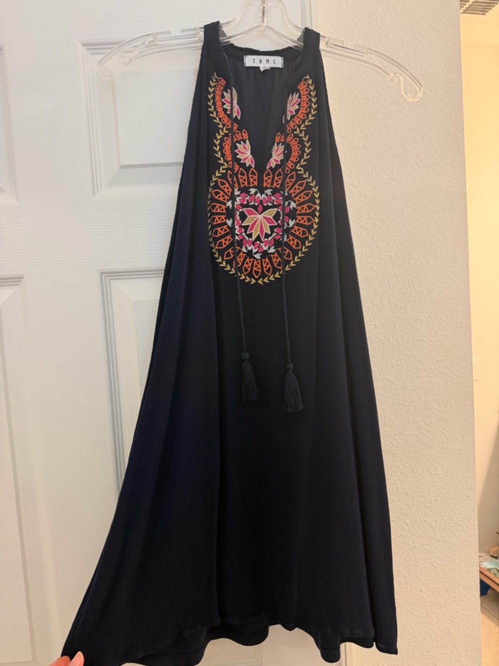 Embroidered Halter Maxi Dress - Black with Multicolor Embroidery